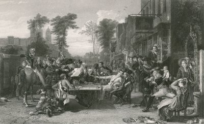 Chelsea-pensionärer läser tidningen om slaget vid Waterloo (gravyr) av David (after) Wilkie