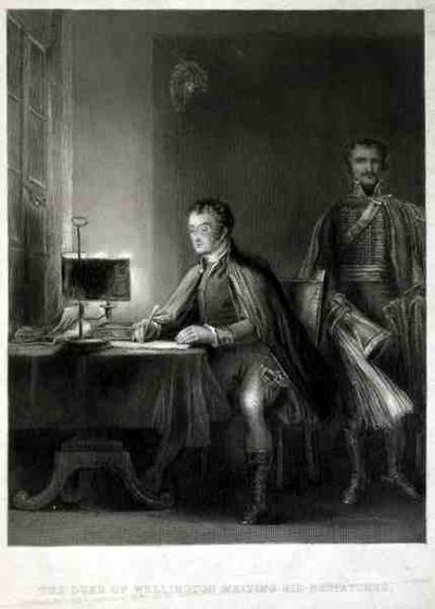 Hertigen av Wellington skriver sina meddelanden, graverad av William Greatbach (f.1802) (gravyr) av David (after) Wilkie