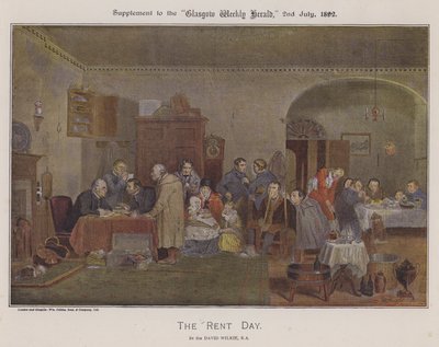 The Rent Day (färg litho) av David (after) Wilkie