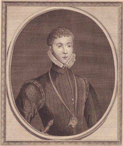 Porträtt av Henry Stuart, Lord Darnley (1545-1567), King Consort of Scotland, kopparstick av John Goldar (1729-1795) från målning av Lucas de Heere av John Ward Dunsmore