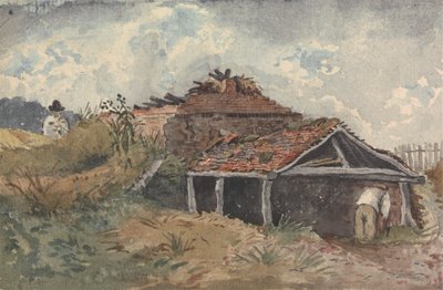 Landskap med två figurer bredvid en gammal byggnad av David Charles Read