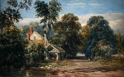En stuga och byre vid kanten av en skog av David Cox