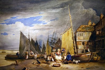 En fiskfru med sina varor vid Themsen (akvarell på papper) av David Cox
