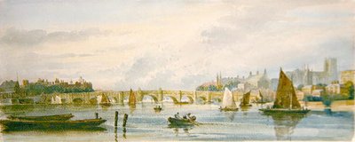 En vy över Westminster Bridge som ser västerut mot Lambeth Palace och Westminster Abbey (penna och akvarell på papper) av David Cox