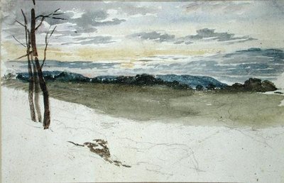 A Woodland Landscape at Sunset (penna och akvarell på papper) av David Cox