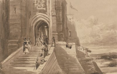 Figurer på den yttre trappan till ett slott av David Cox