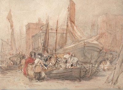 Hamnscen med fiskebåtar som lossas av David Cox