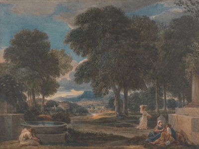 Landskap med en man som tvättar sina fötter vid en fontän, efter Poussin av David Cox