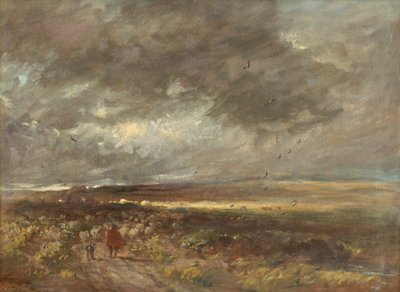 Moorland landscape: shepherd and sheep (olja på papper på duk) av David Cox