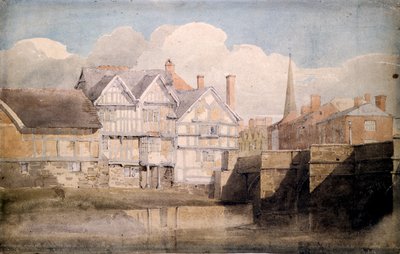 Gamla hus och Wye Bridge, Hereford, 1820 av David Cox