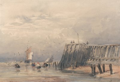 Seglande pråmar och räkfiskefartyg utanför en pir av David Cox