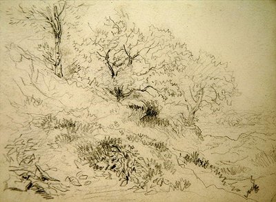 Walesiskt landskap (krita på papper) av David Cox