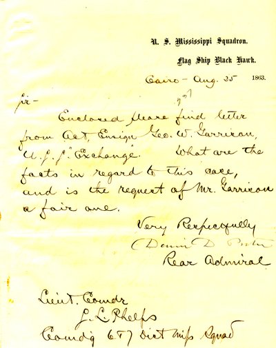 Letter from David D. Porter, U. S. S. Black Hawk, Cairo, Illinois, to Seth Ledyard Phelps, August 25, 1863 av David D. Porter