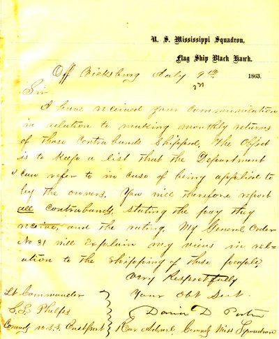 Letter from David D. Porter, U. S. S. Black Hawk, off Vicksburg, to Seth Ledyard Phelps, commanding the U. S. S. Eastport, July 9, 1863 av David D. Porter