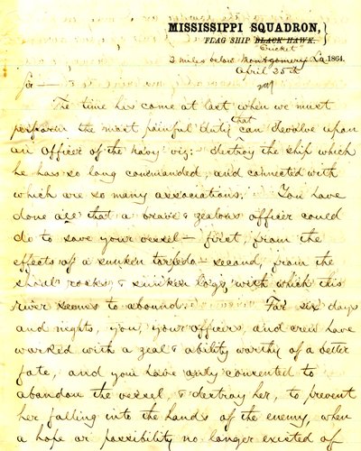 Letter from David D. Porter, U. S. S. Cricket, 2 miles below Montgomery, Louisiana, to [Seth Ledyard] Phelps, commanding U. S. S. Eastport, 2 miles below Montgomery, Louisiana, April 25, 1864 av David D. Porter