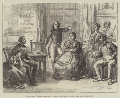 Scen från Apple Blossoms, på Vaudeville Theatre, Old Baggs föreläser. av David Henry Friston