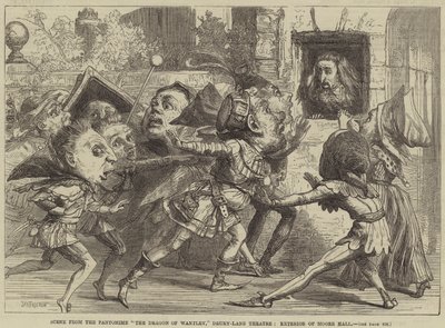 Scene from the Pantomime The Dragon of Wantley, Drury-Lane Theatre, Exterior of Moore Hall  av David Henry Friston