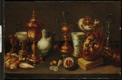 Stilleben med snäckor, med nautilus, vaser, glas och korallgrenar av David II Ryckaert