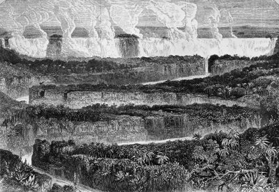 Vy över stora grå starr i Zambezi, känd som Mosi-oa-Tuny eller Victoria Falls, Zambia, gravyr från Narrative of Expedition till Zambezi och dess bifloder, av David Livingstone (1813-1873) och Charles Livingstone (1821-1873), London av David Livingstone