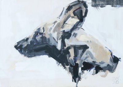 Porträtt av afrikansk vildhund, 2022 (akryl på pannå) av David Mayer