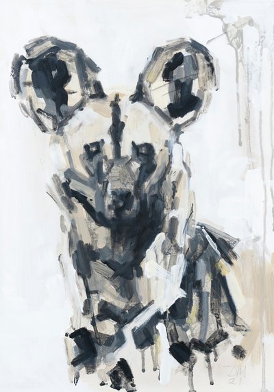 Porträtt av målad hund, 2020 (akryl på pannå) av David Mayer