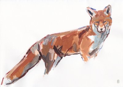 Red Fox, 2021 (gouache och akvarell/krita på papper) av David Mayer