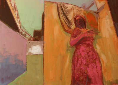 Kvinna i rosa klänning, 2016, blandad media på träpanel av David McConochie