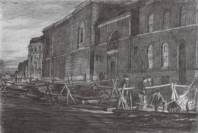 London: Dawn Newgate Prison (färglitografi) av David Muirhead (after) Bone