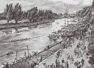 Oxford: Åttornas vecka, Mellan tävlingarna (litografi) av David Muirhead (after) Bone