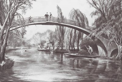 Oxford: Gångbro över floden Cherwell (litografi) av David Muirhead (after) Bone