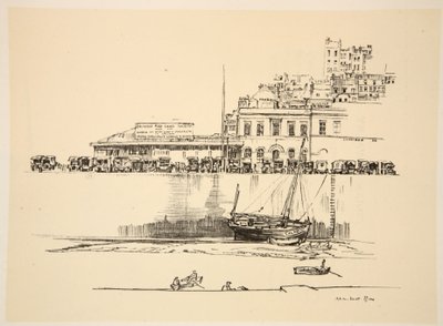 Brittiska Röda Korsets depå i Boulogne, illustration från "The Western Front", utgiven av Country Life Ltd av David Muirhead Bone