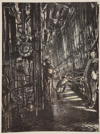 Ett pannrum på ett slagskepp, illustration från "The Western Front", utgiven av Country Life Ltd av David Muirhead Bone