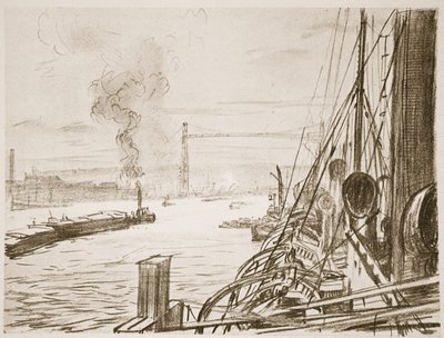 Ett sjukhusfartyg vid en bas, illustration från "The Western Front", utgiven av Country Life Ltd av David Muirhead Bone