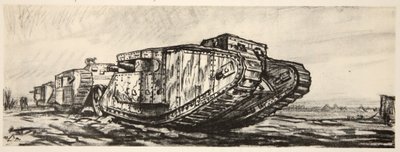 En rad stridsvagnar, illustration från "The Western Front", utgiven av Country Life Ltd av David Muirhead Bone