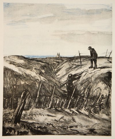 En förstörd skyttegrav, illustration från "The Western Front", utgiven av Country Life Ltd av David Muirhead Bone