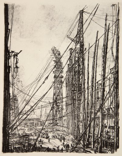 Ett skeppsvarv, illustration från "The Western Front", utg. av Country Life Ltd av David Muirhead Bone