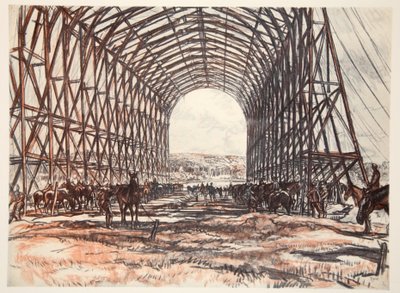 Ett stall på västfronten, illustration från "The Western Front", utgiven av Country Life Ltd av David Muirhead Bone