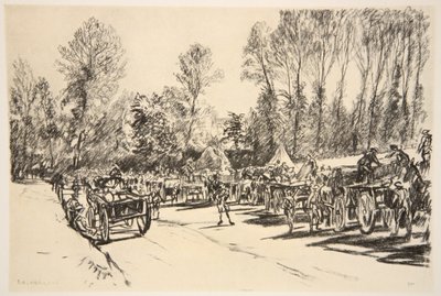 En påfyllningsplats för förnödenheter, illustration från "The Western Front", utgiven av Country Life Ltd av David Muirhead Bone
