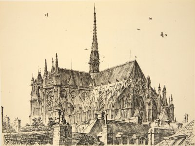 Amiens katedral, illustration från "The Western Front", utgiven av Country Life Ltd av David Muirhead Bone