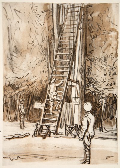 En observationspost, illustration från "The Western Front", utgiven av Country Life Ltd av David Muirhead Bone