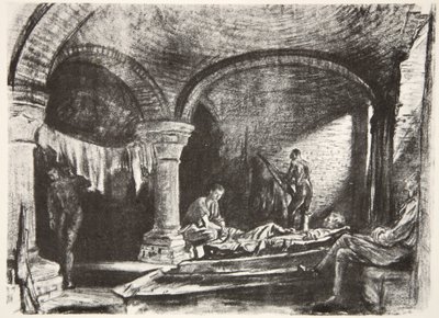 An Underground Billet, illustration från "The Western Front", utgiven av Country Life Ltd av David Muirhead Bone