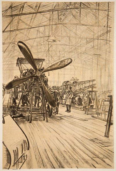 Ett flygplan på lager, illustration från "The Western Front", utgiven av Country Life Ltd av David Muirhead Bone