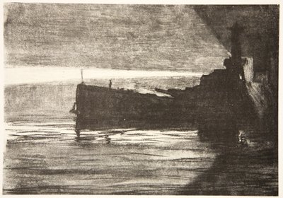 Närmar sig ett slagskepp på natten, illustration från "The Western Front", utgiven av Country Life Ltd av David Muirhead Bone
