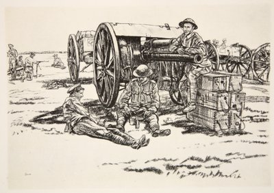 Middagstid: Män från RFA, illustration från "The Western Front", utgiven av Country Life Ltd av David Muirhead Bone