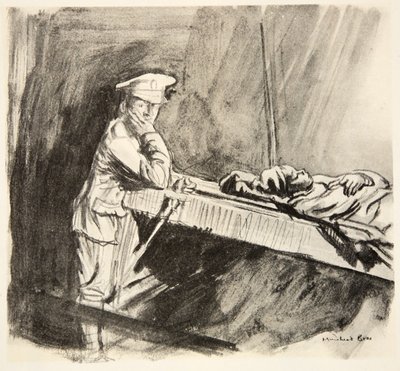 Ombordstigning av sårade, illustration från "The Western Front", utgiven av Country Life Ltd av David Muirhead Bone
