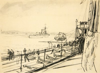 Från akterdäcket på ett slagskepp, illustration från "The Western Front", utgiven av Country Life Ltd av David Muirhead Bone