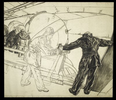 Teckning i naturlig storlek för Vinterminläggning utanför Island, ca 1942 (kol på papper) av David Muirhead Bone