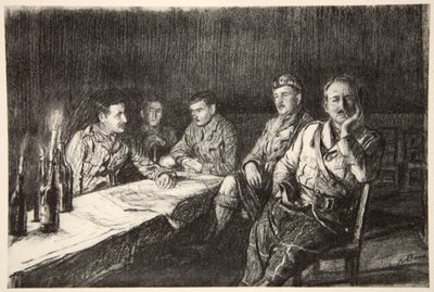 Gordon Highlander officersmäss, illustration från "The Western Front", utgiven av Country Life Ltd av David Muirhead Bone