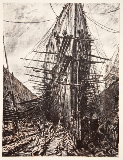 HMS Lion i torrdocka, illustration från "The Western Front", utgiven av Country Life Ltd av David Muirhead Bone