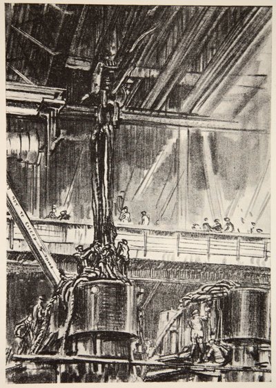 I maskinverkstaden, illustration från "The Western Front", utgiven av Country Life Ltd av David Muirhead Bone